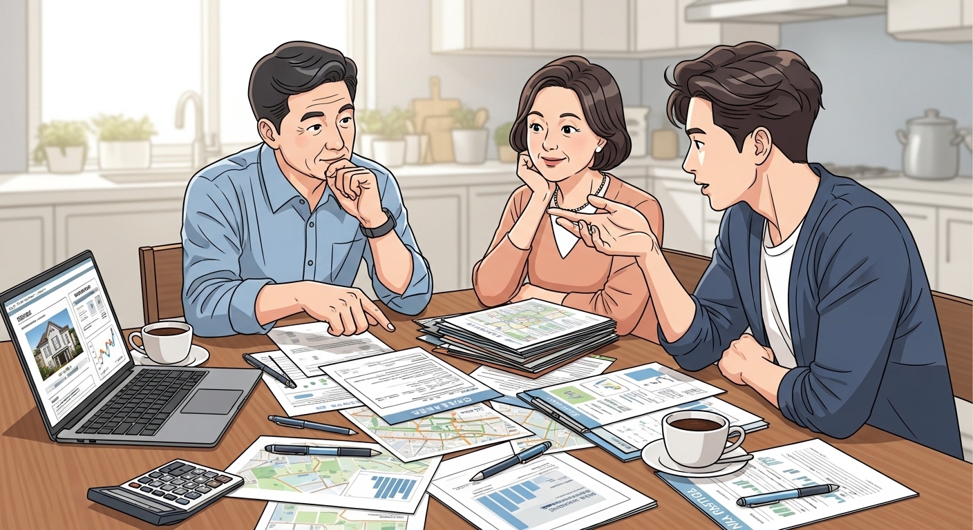 부엌 식탁에 앉아 부동산 매매 전략을 논의하는 부모와 자녀