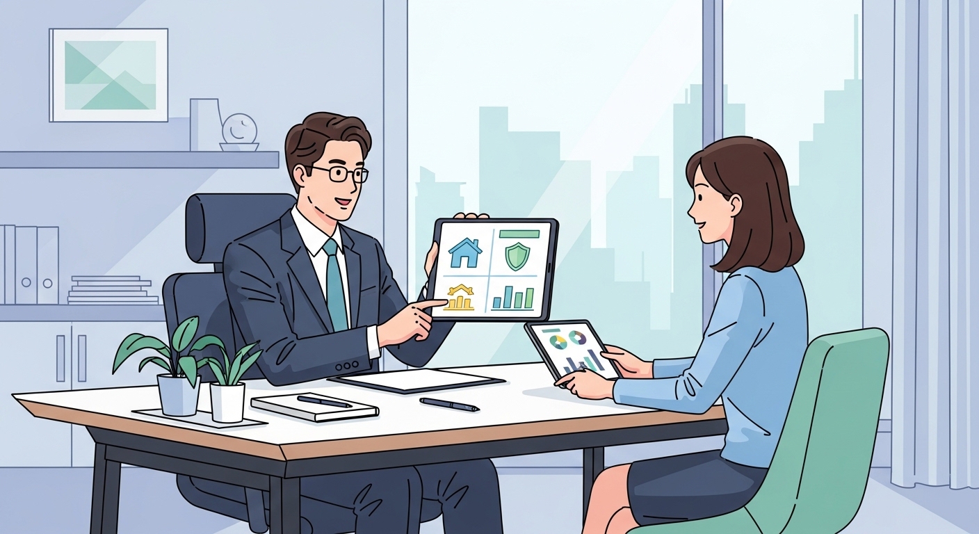 사무실에서 보험 및 주택 청약 점수를 상담하는 재정 전문가와 고객