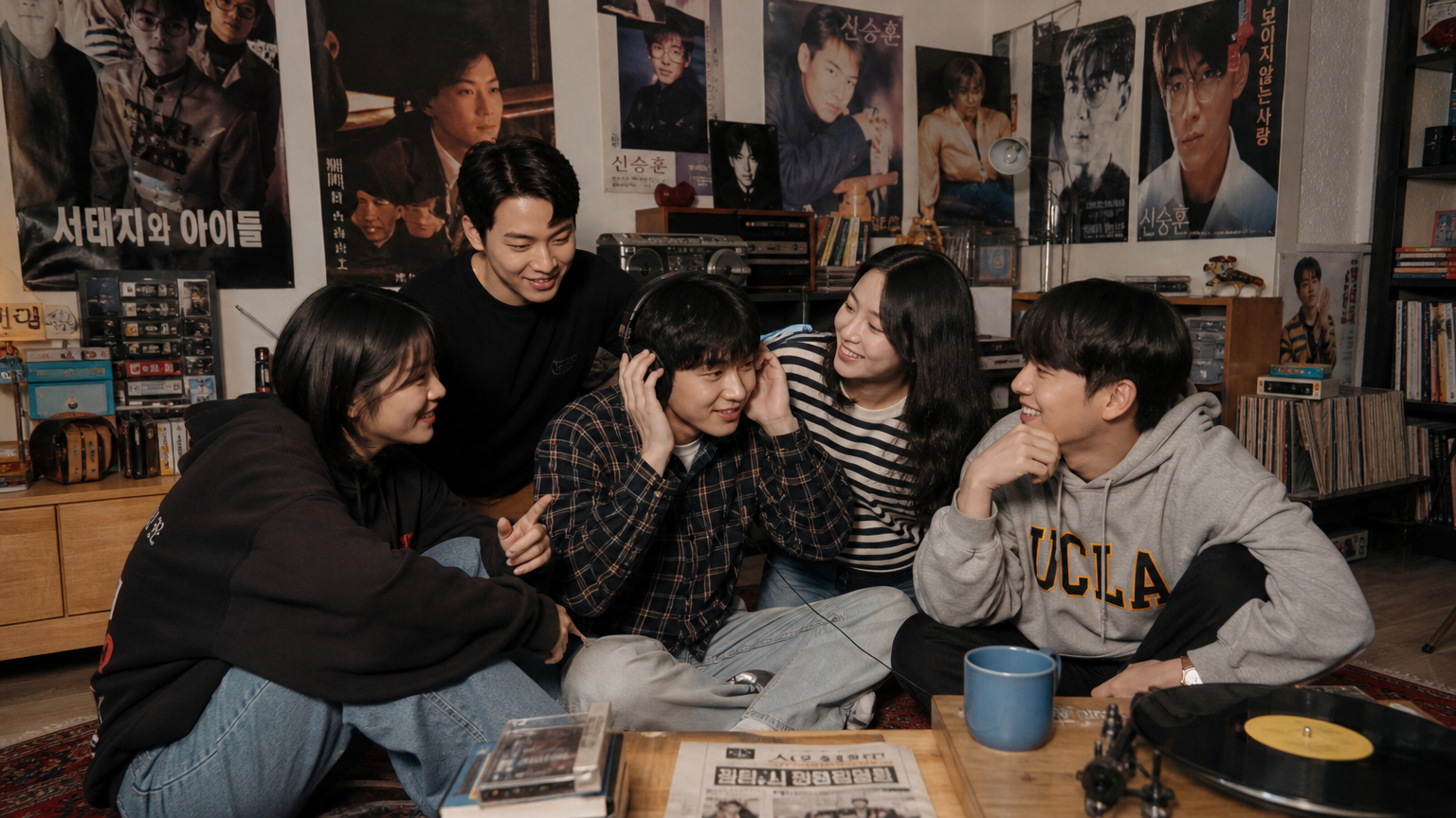 젊은 사람들이 거실에서 90년대 음악을 들으며 즐기는 모습