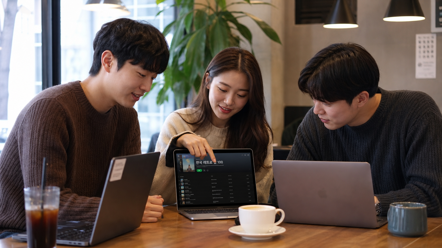 카페에서 레트로 한국 음악을 플레이리스트로 공유하는 청년들