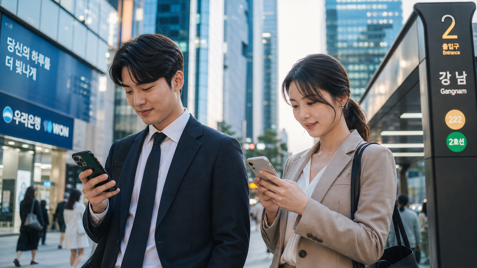 도시 속에서 은행 앱을 확인하는 젊은 직장인의 일상