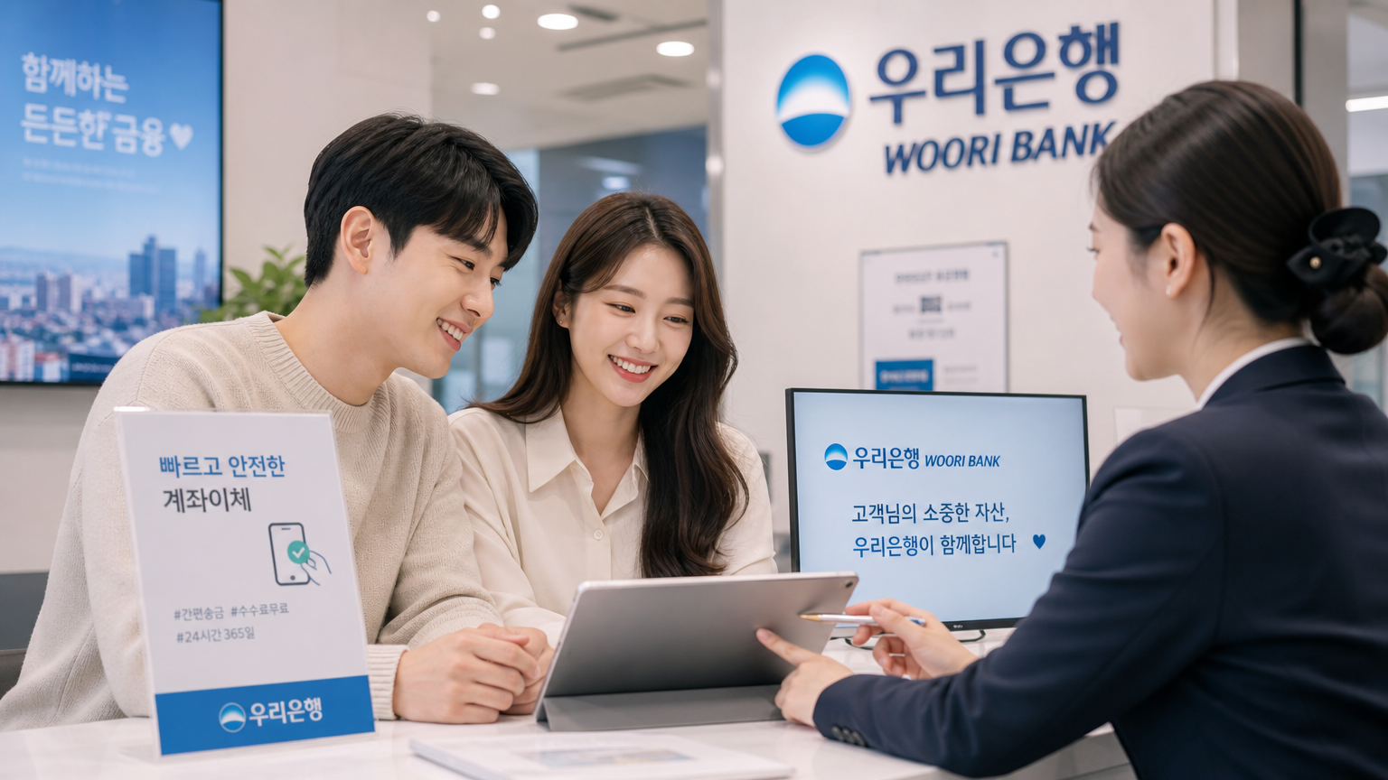 은행 창구에서 자금을 이전하는 밝은 표정의 젊은 사람들