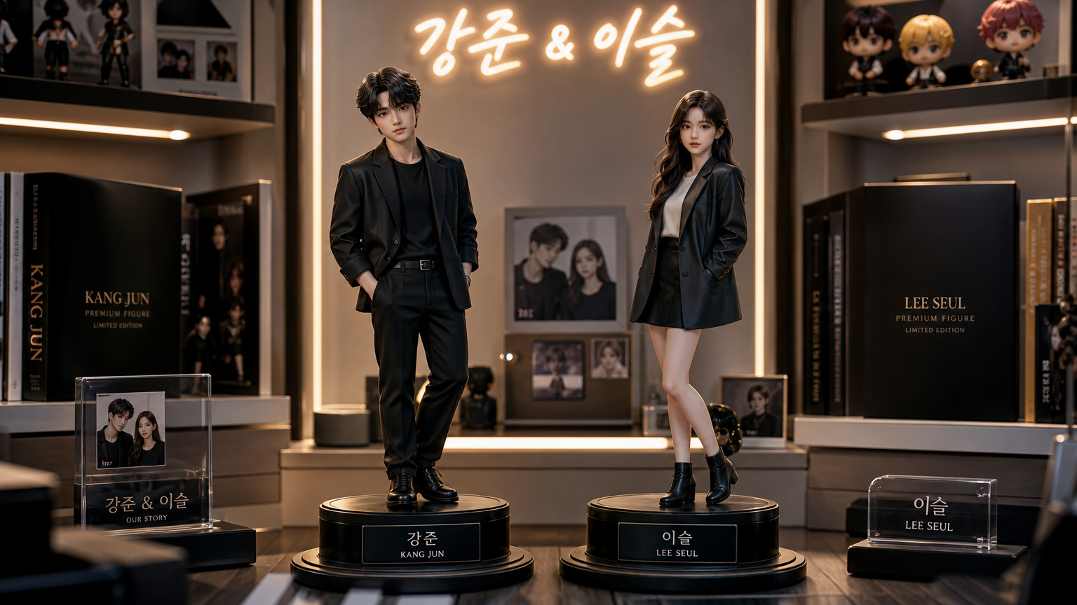수집가의 방에서 전시된 강준과 이슬 피규어