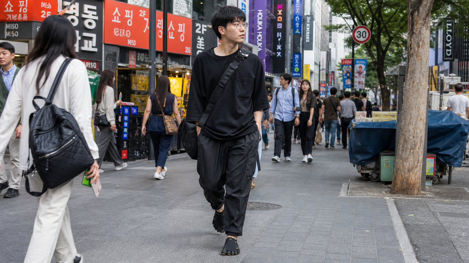 서울 거리에서 비브람 파이브핑거 신발을 착용한 패션 애호가의 모습