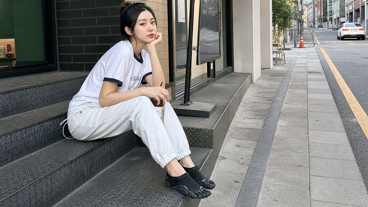 도심 속 조거팬츠와 티셔츠를 입고 있는 여성의 스타일리시한 연출