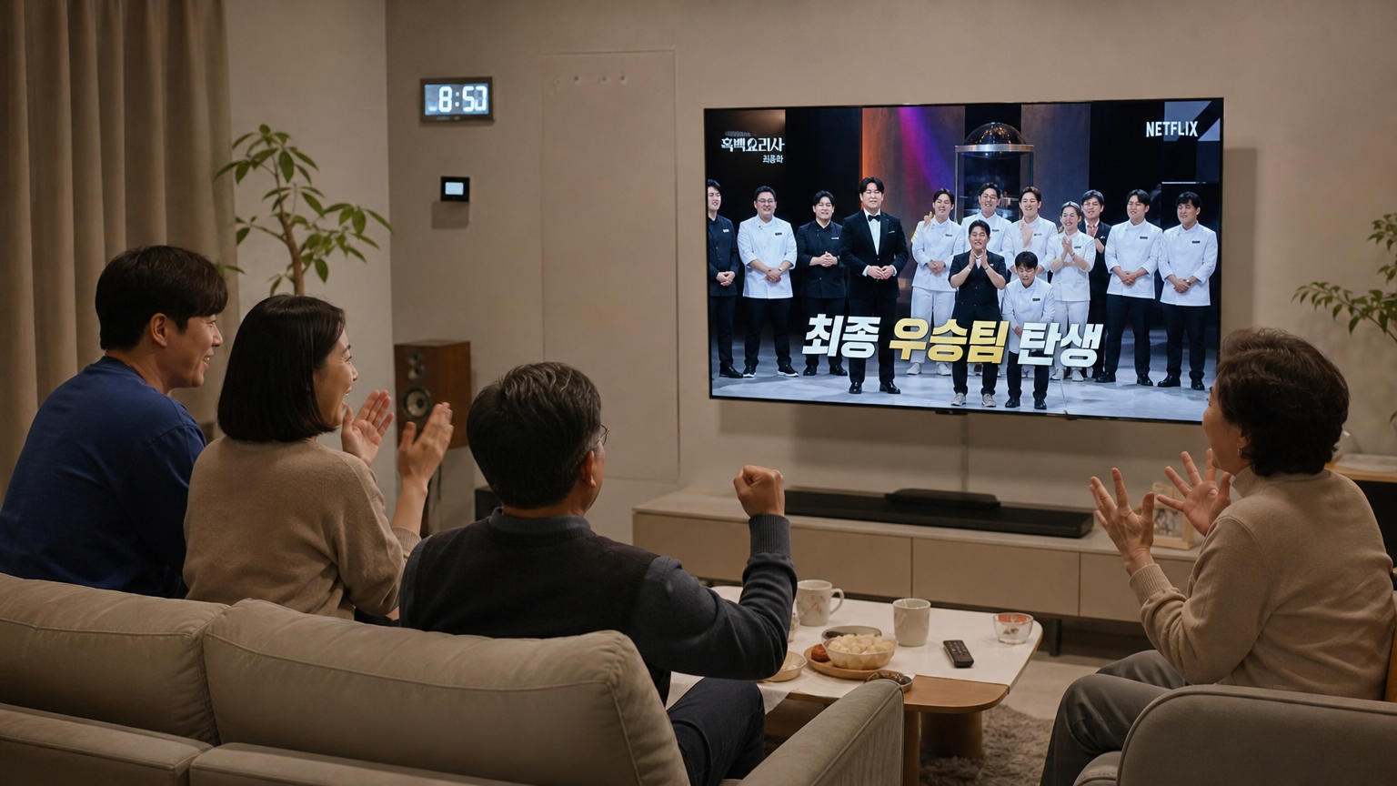 인기 있는 요리 프로그램을 시청하는 가족들