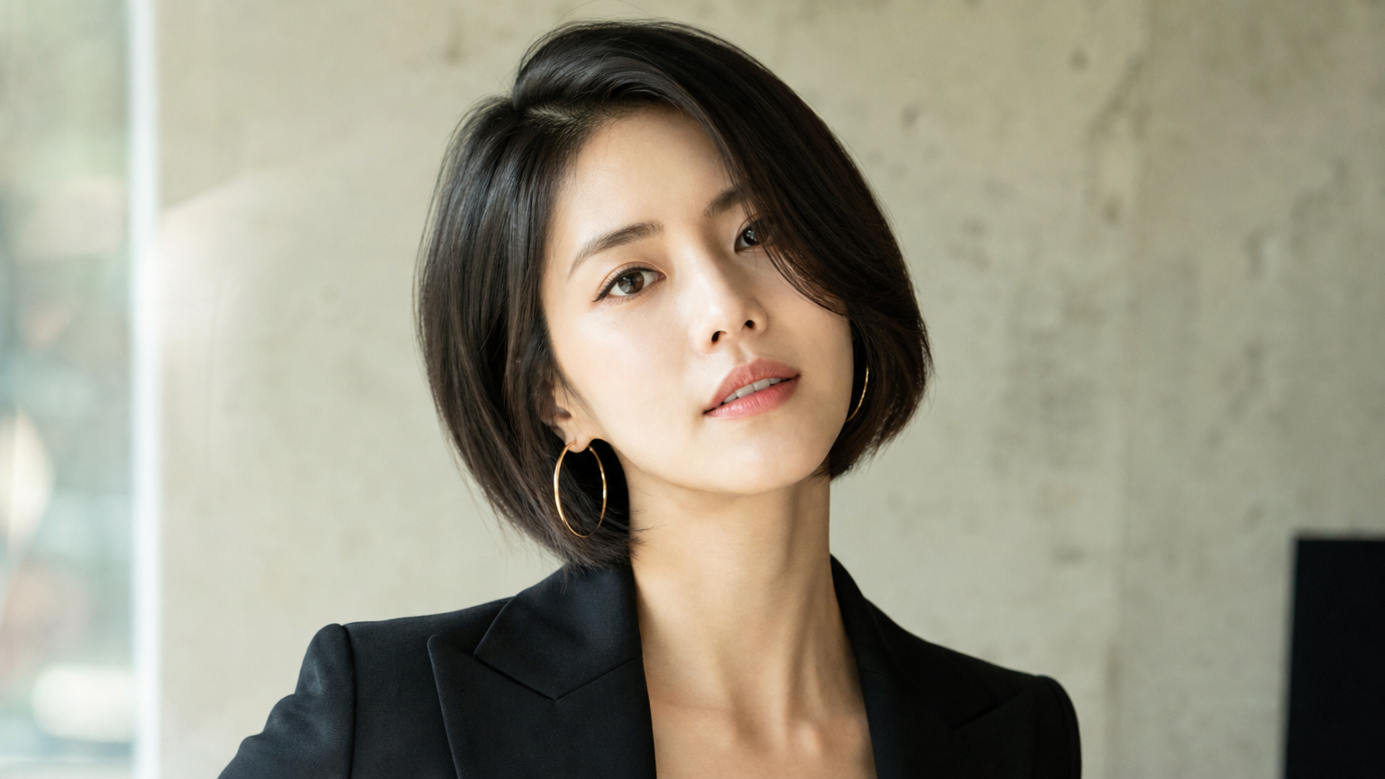 카리스마 넘치는 비대칭 쇼트 보브 스타일을 한 여성