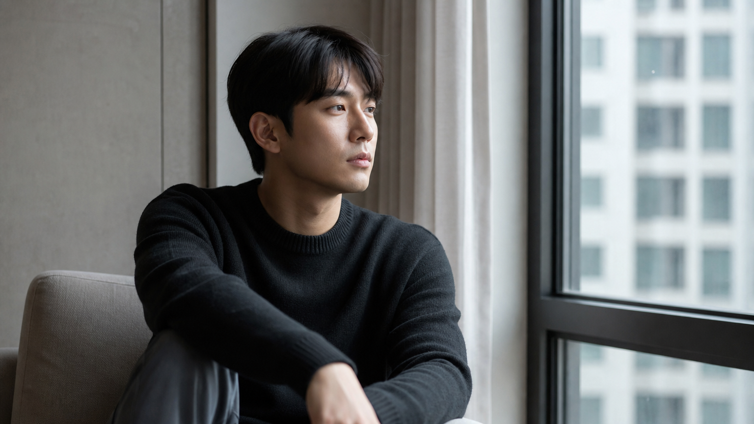 현대적이고 미니멀한 방에서 창밖을 응시하며 생각에 잠긴 한국 배우의 모습
