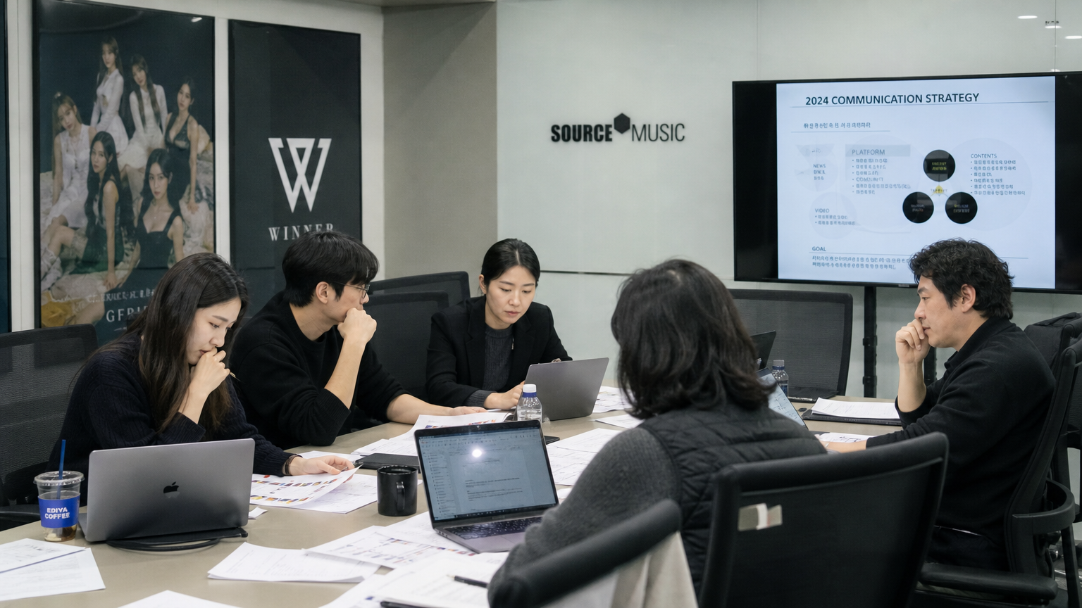 진지하게 회의를 하고 있는 한국 연예 기획사 사무실 내부 모습