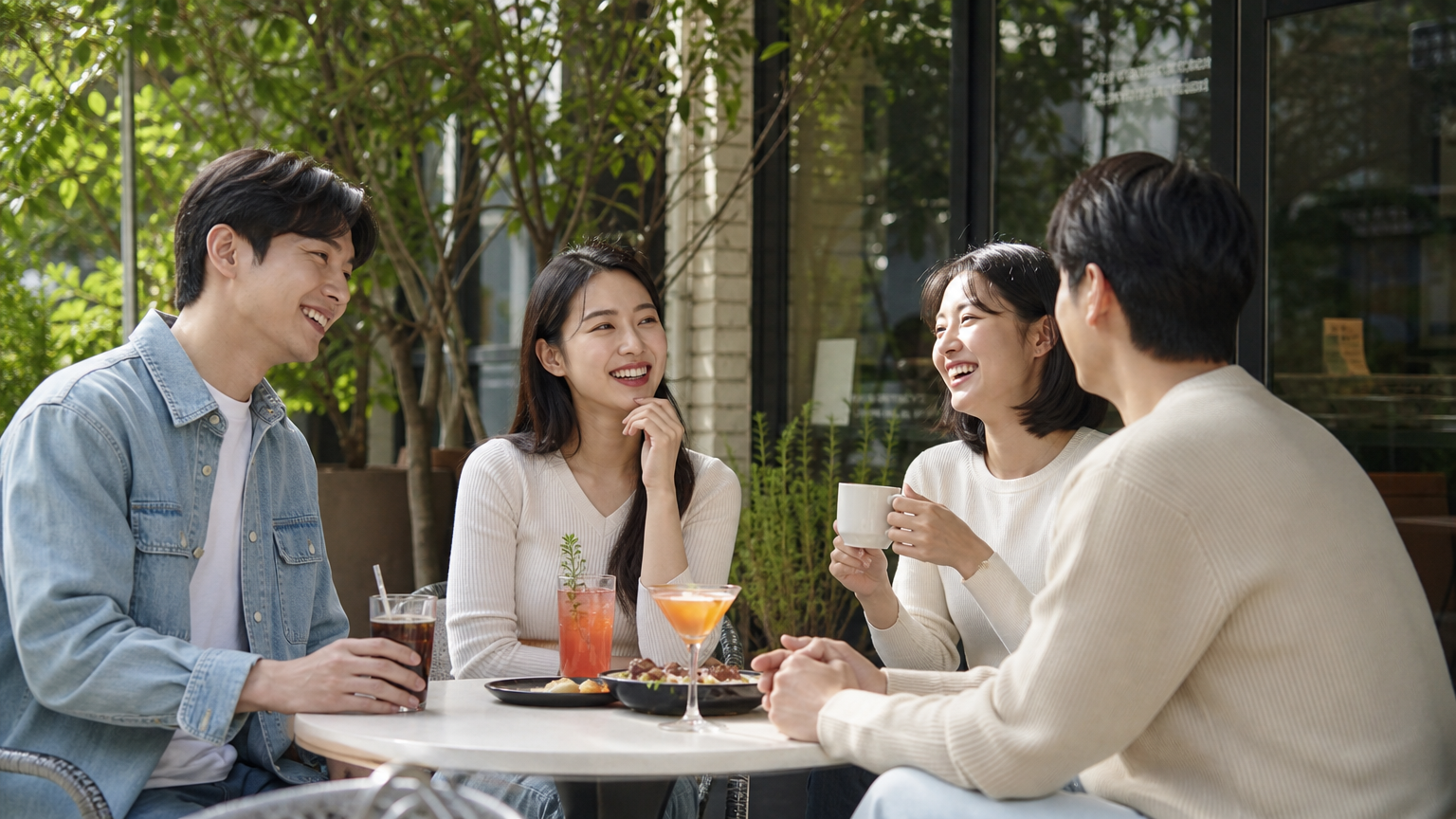 야외 카페에서 즐겁게 대화하며 음료를 즐기는 젊은 성인들