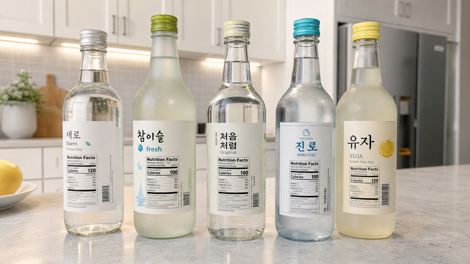 영양 성분표가 보이는 다양한 연한 색상의 소주 병들이 테이블 위에 놓인 모습