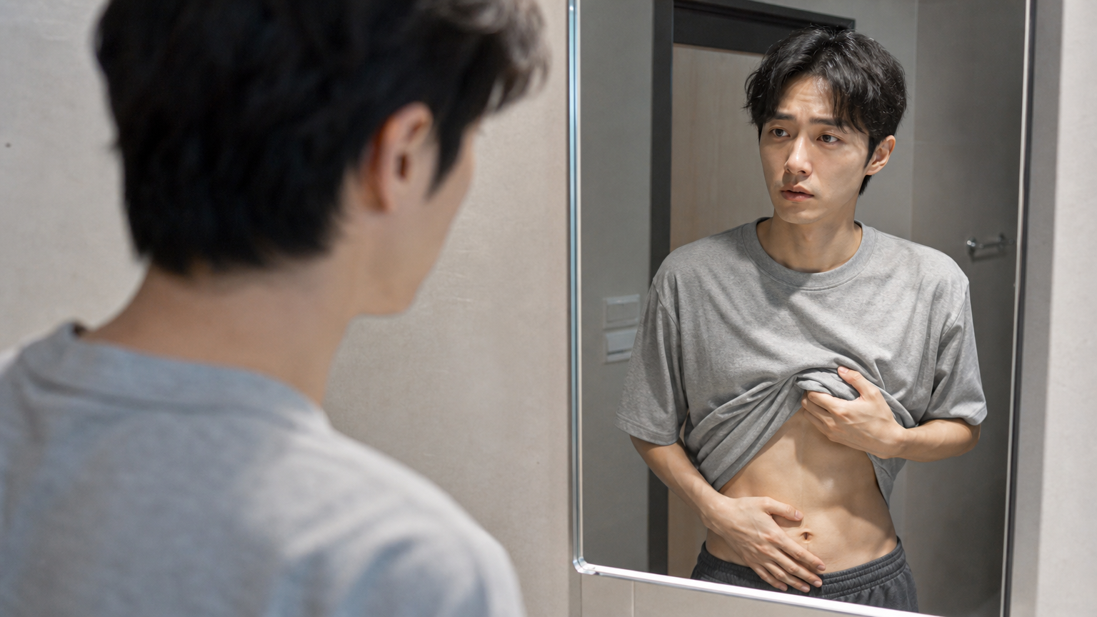 아파트 거실에서 귀가 먹먹한 느낌과 자신의 목소리가 메아리치는 증상을 겪고 있는 여성