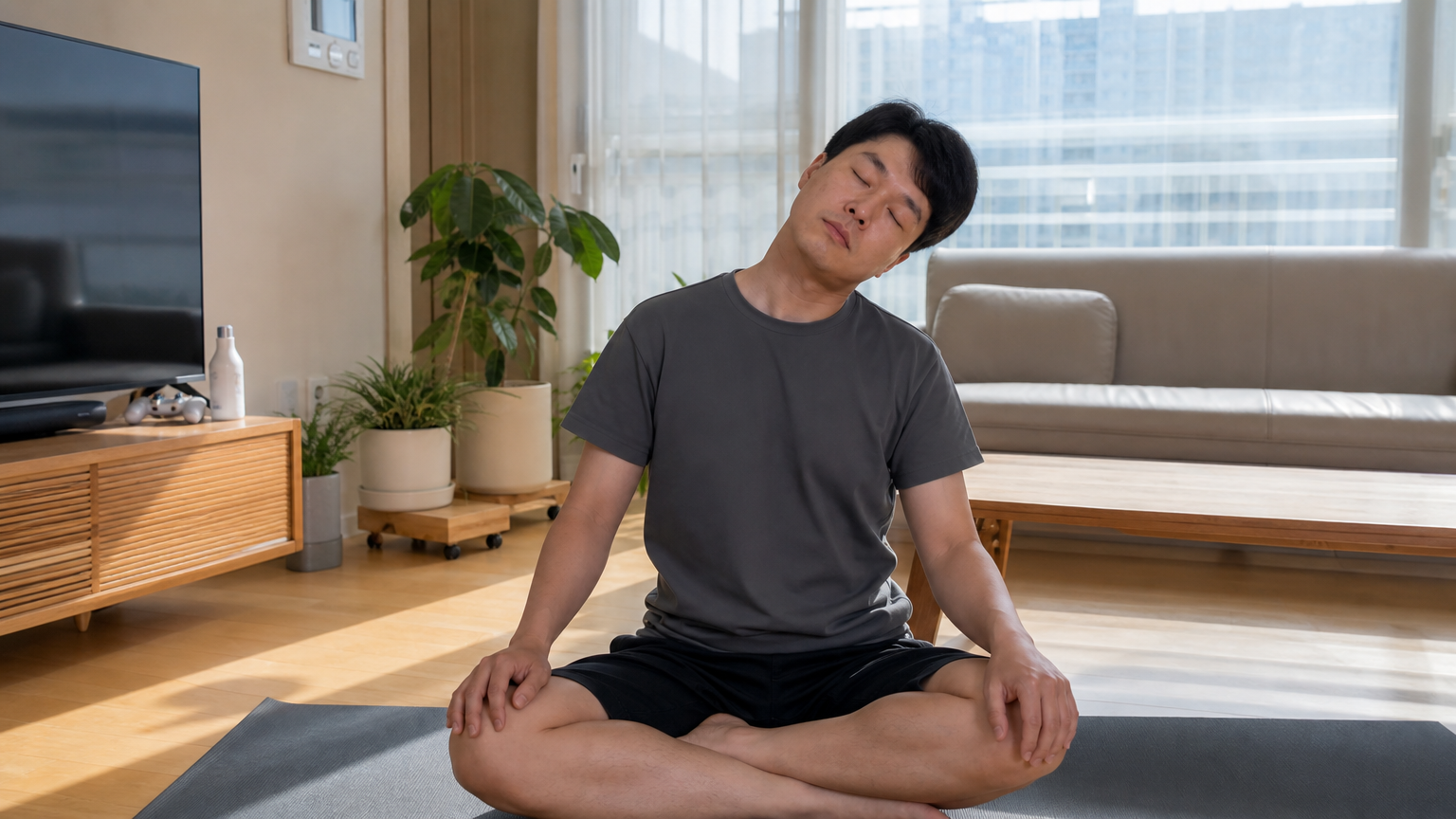 현대적인 거실에서 머리 기울임 운동을 통해 증상 완화를 시도하는 남성