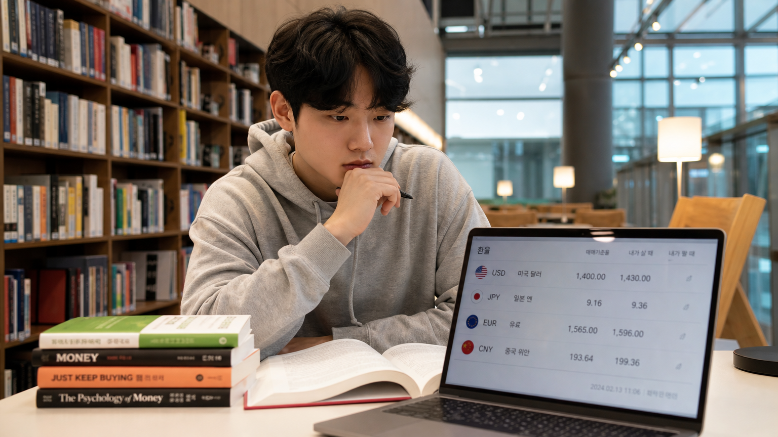도서관에서 환율 정보를 확인하며 학업에 집중하고 있는 대학생 모습