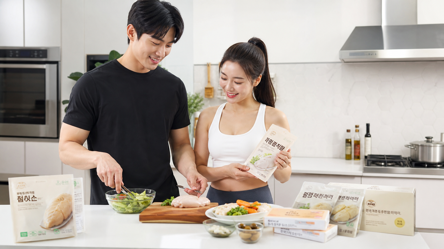 젊은 커플이 깨끗한 주방에서 랭킹닭컴 제품으로 건강식을 준비하는 모습