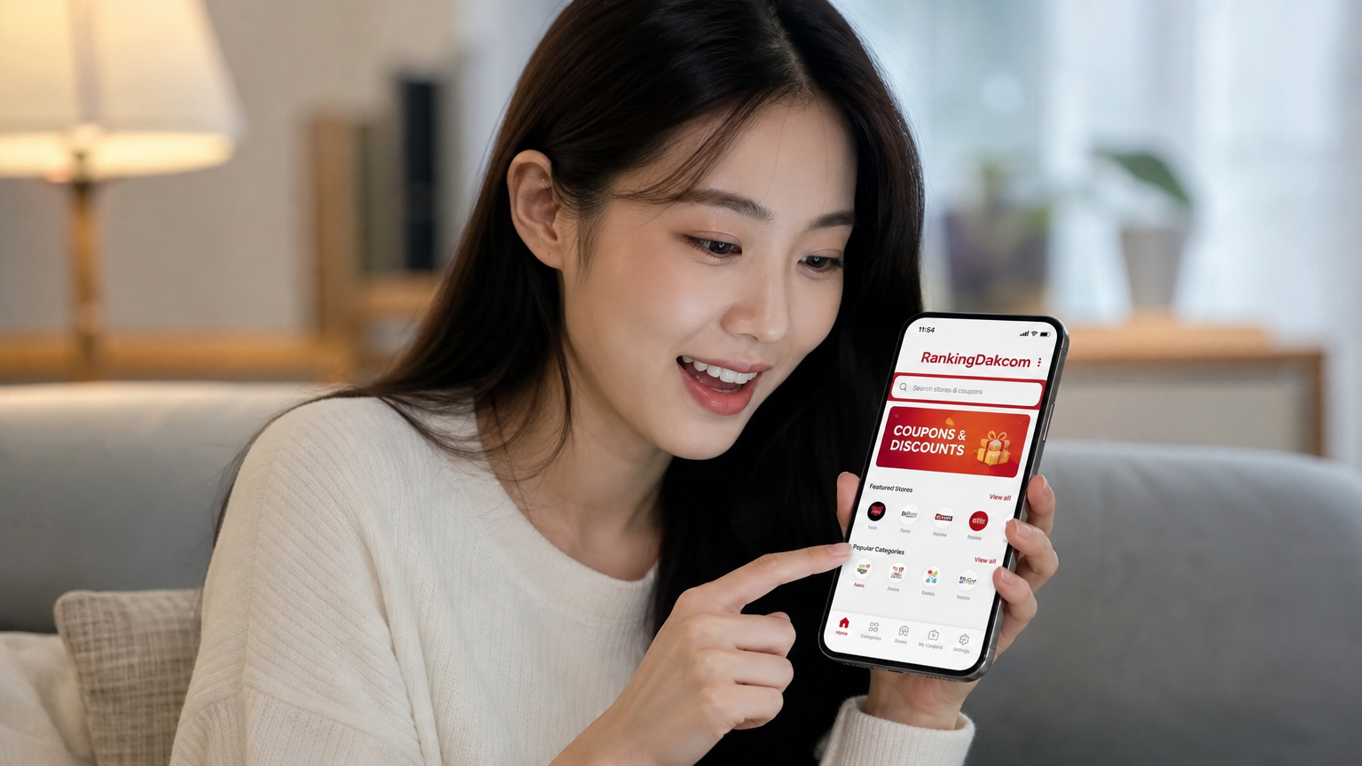 아늑한 거실에서 스마트폰으로 랭킹닭컴 할인 코드를 검색하는 여성의 집중된 모습