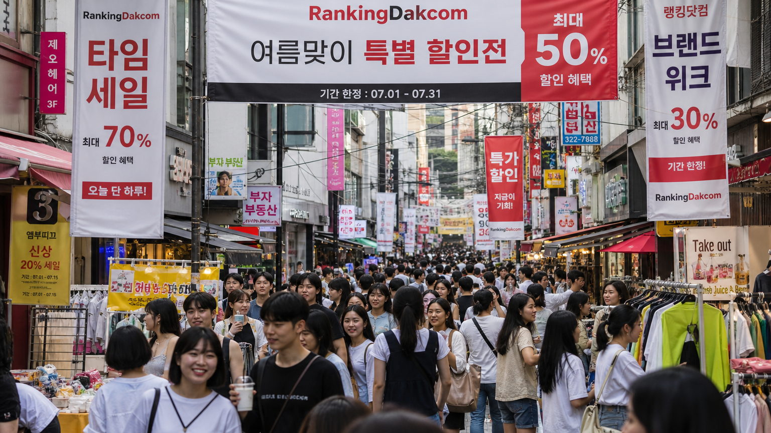 한정 이벤트와 할인을 홍보하는 배너가 걸린 번화가 시장에서 열심히 쇼핑하는 젊은이들