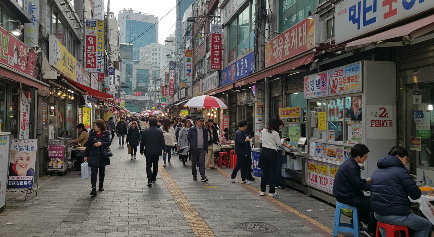 현대적인 한국 도시 풍경 속 복권 판매점 앞에서 줄 서 있는 사람들 모습