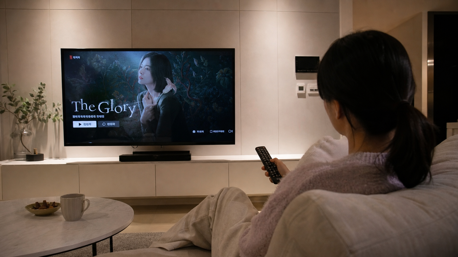 집에서 리모컨을 들고 드라마 첫 시즌을 보는 모습