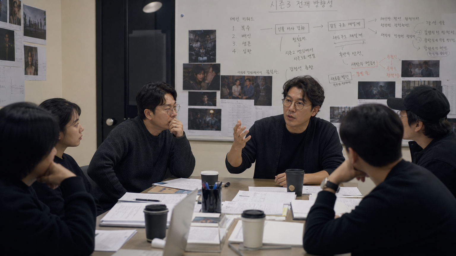 드라마 세 번째 시즌의 스토리 변화를 논의하는 제작진 회의