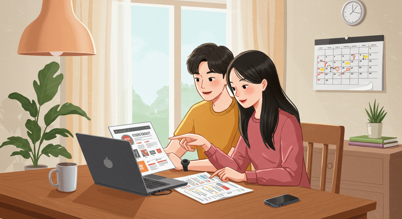 집에서 노트북으로 헬스 시설 목록을 확인하며 중요한 날짜를 달력에 표시하는 커플