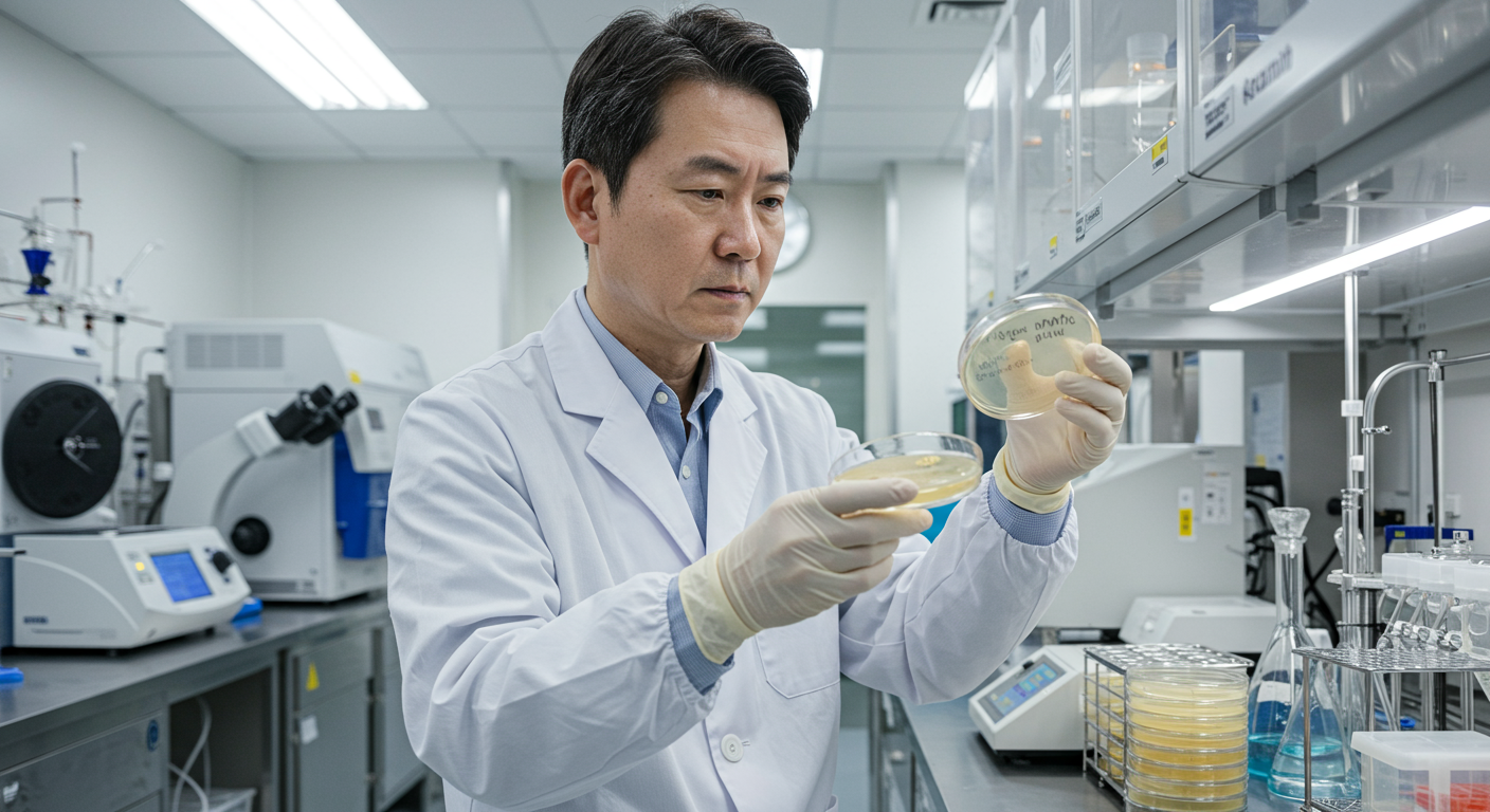 현대적 실험실에서 효모 NMN 샘플을 관찰하는 과학자의 모습, 첨단 장비들로 둘러싸인 환경