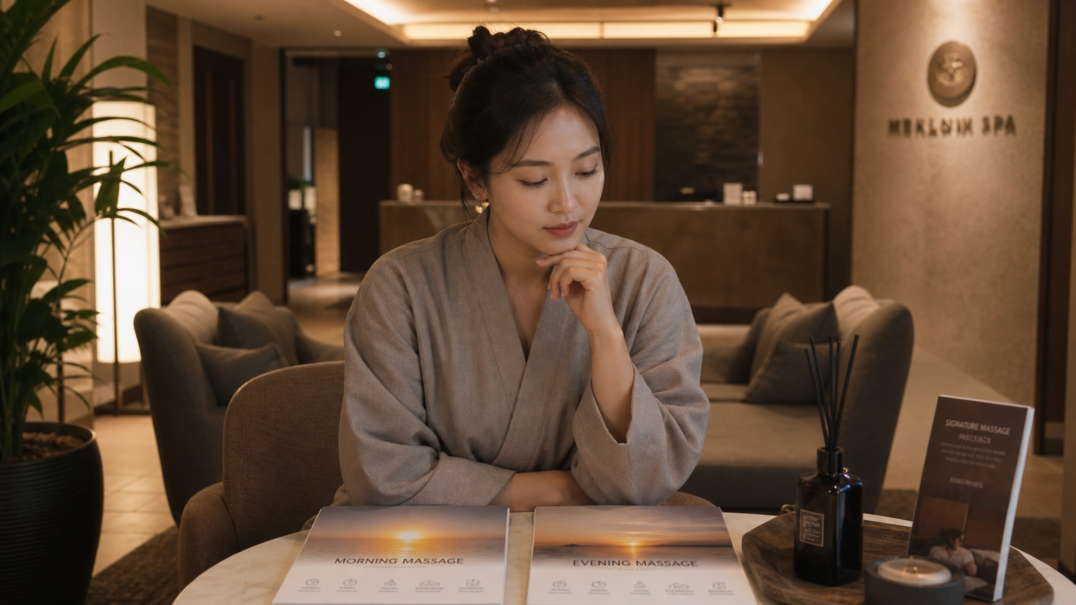 현대적인 스파에서 아침과 저녁 마사지 중 고민하는 여성