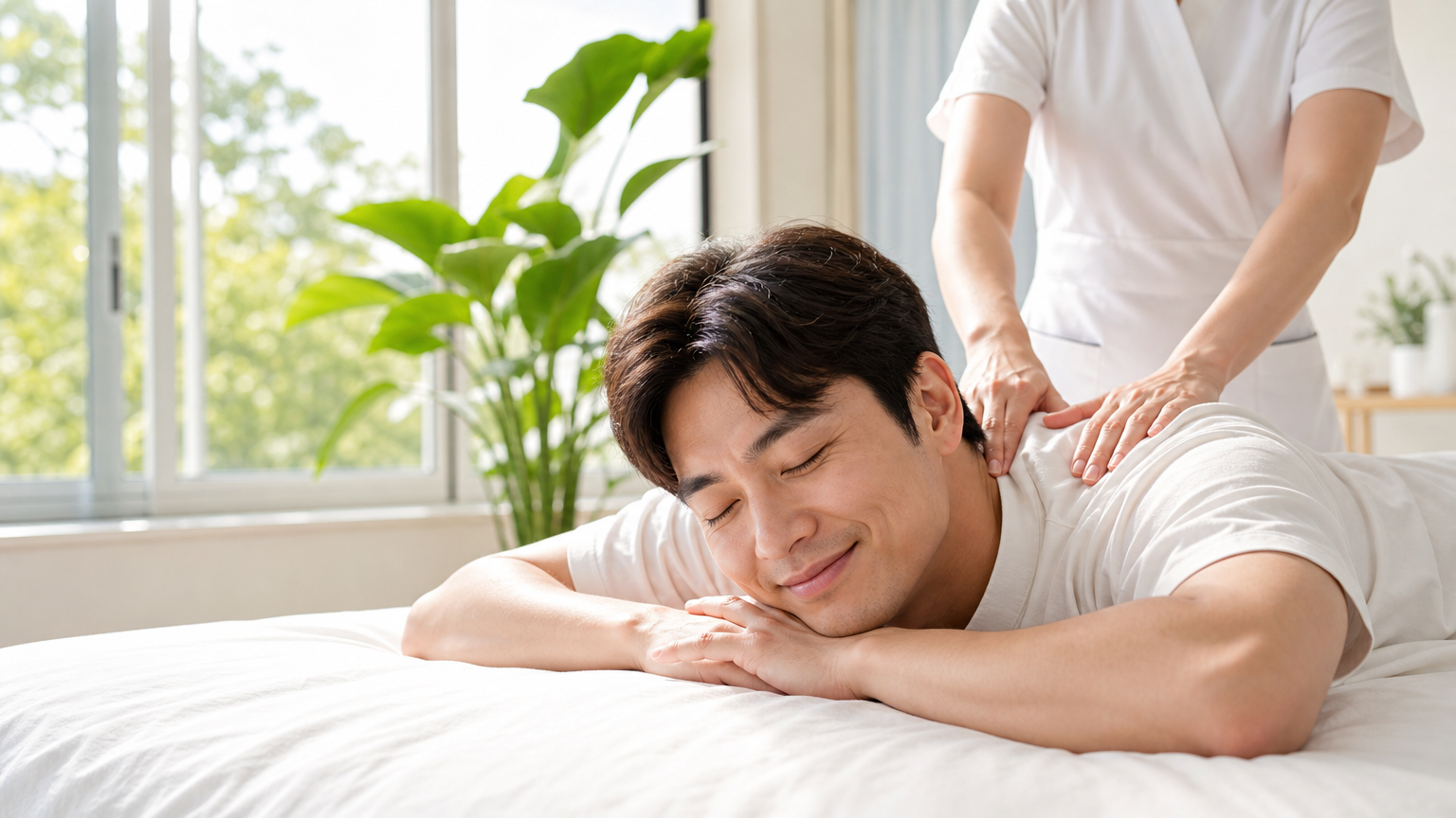 자연광이 들어오는 밝은 방에서 아침 마사지를 받으며 상쾌함을 느끼는 남성