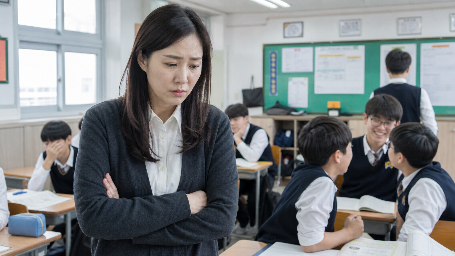 협조하지 않는 학생들로 인해 어려움을 겪는 중학교 교사의 모습