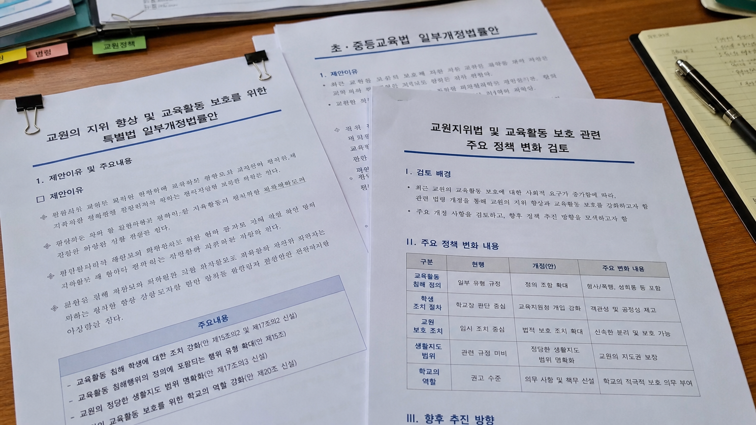 한국의 교육 법률 및 교사 보호 관련 법률 문서가 책상 위에 놓인 모습