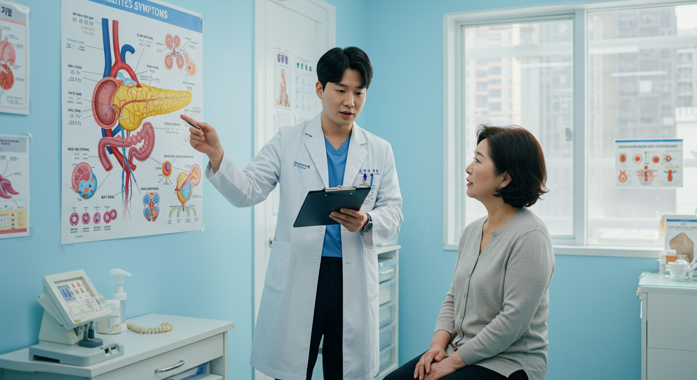 현대식 진료실에서 의사가 환자에게 당뇨 증상을 설명하는 장면
