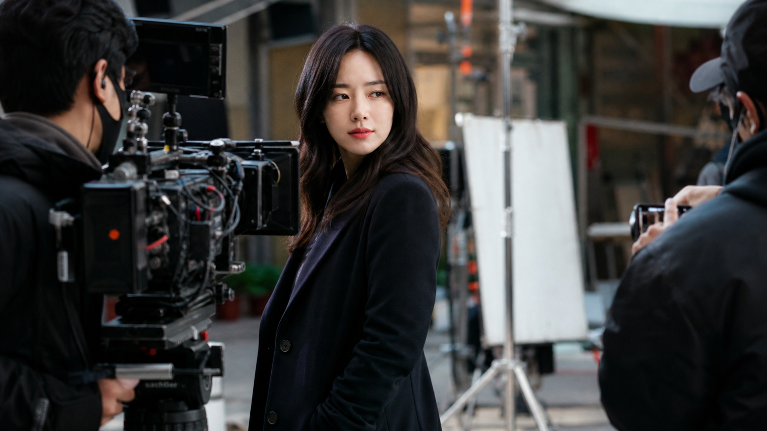 현대 영화 세트장에서 카메라와 스태프에 둘러싸여 자신감 넘치는 표정의 한국 여배우