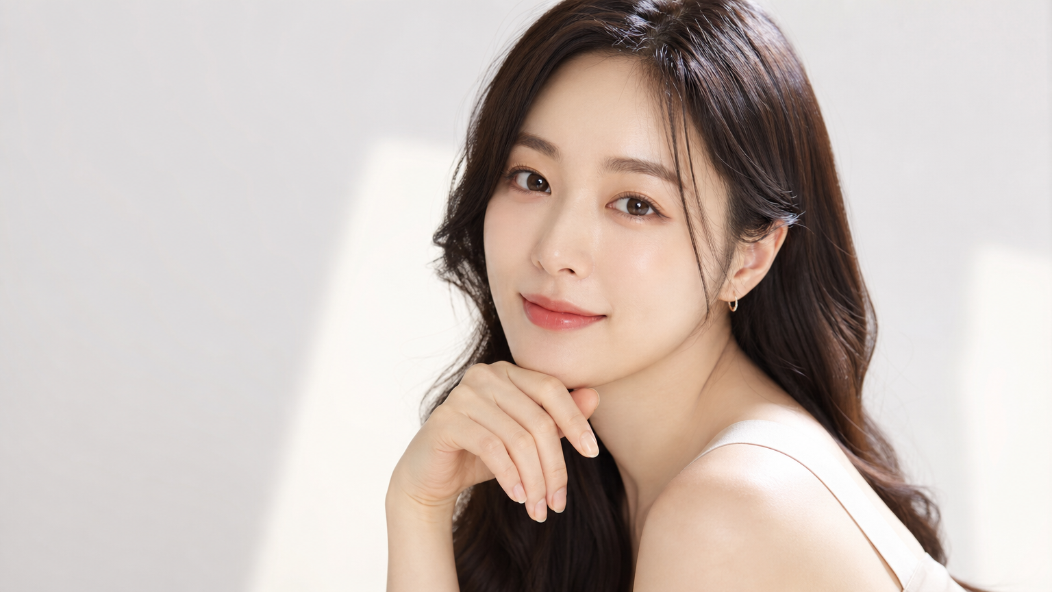 밝은 스튜디오 조명 아래서 무결점 피부와 우아한 메이크업을 선보이며 뷰티 광고 화보 촬영에 임하는 세련된 한국 여성