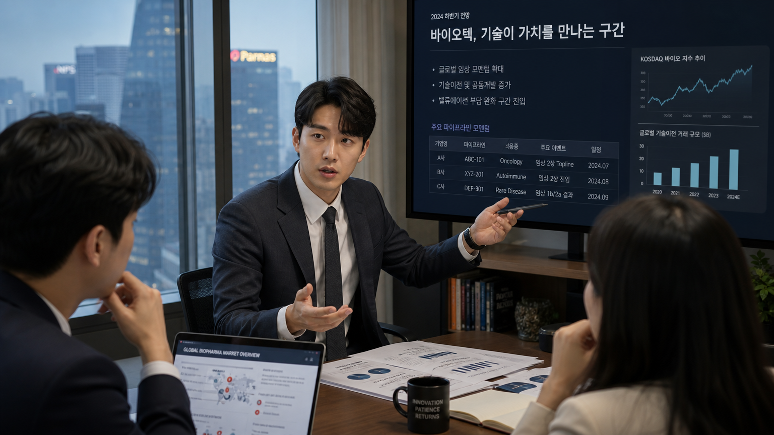 도심 오피스에서 동료들과 함께 바이오 주식을 논의하는 금융 분석가들