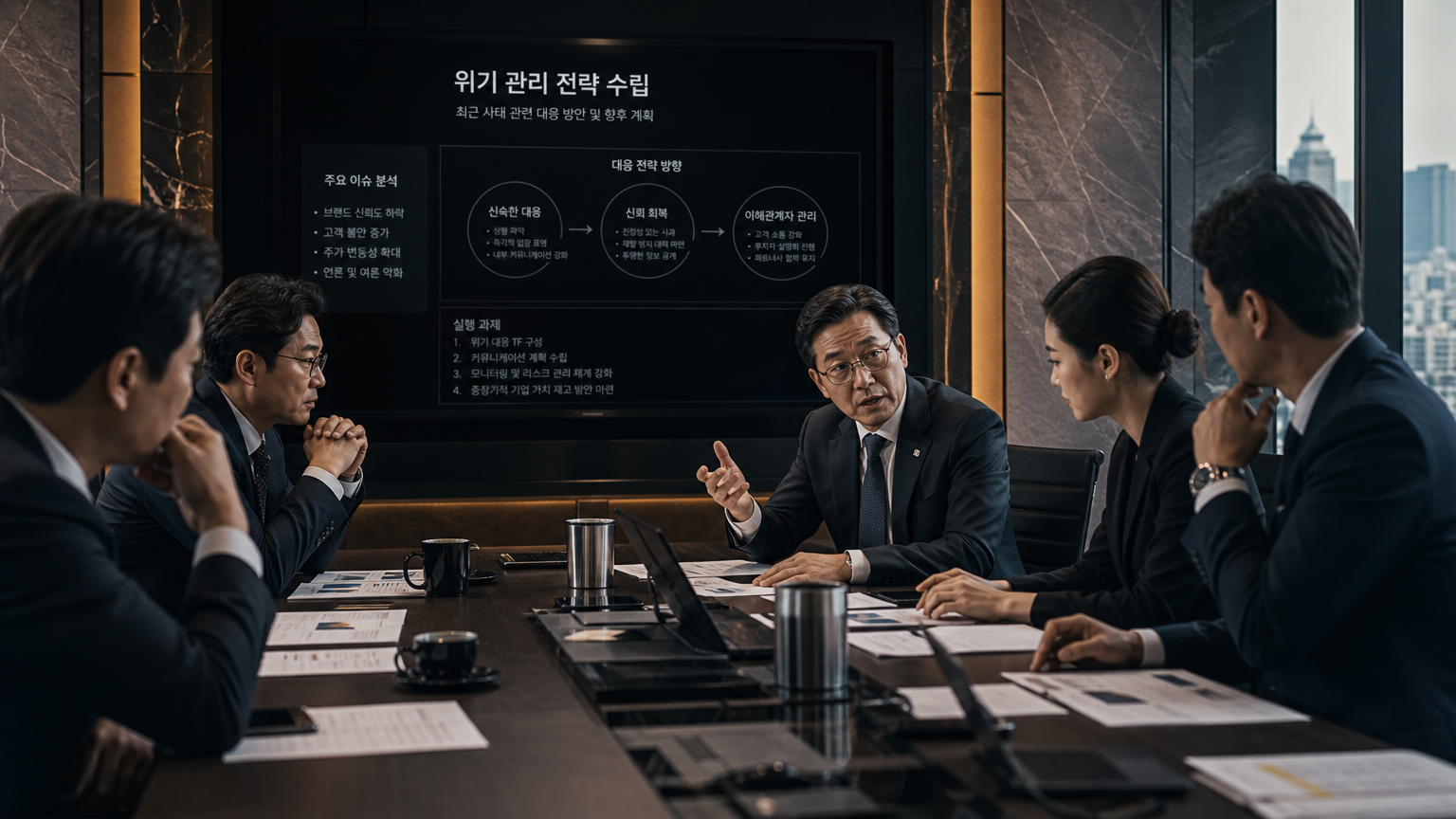 스캔들 이후 위기 관리 전략을 검토하는 한국 경영진 회의
