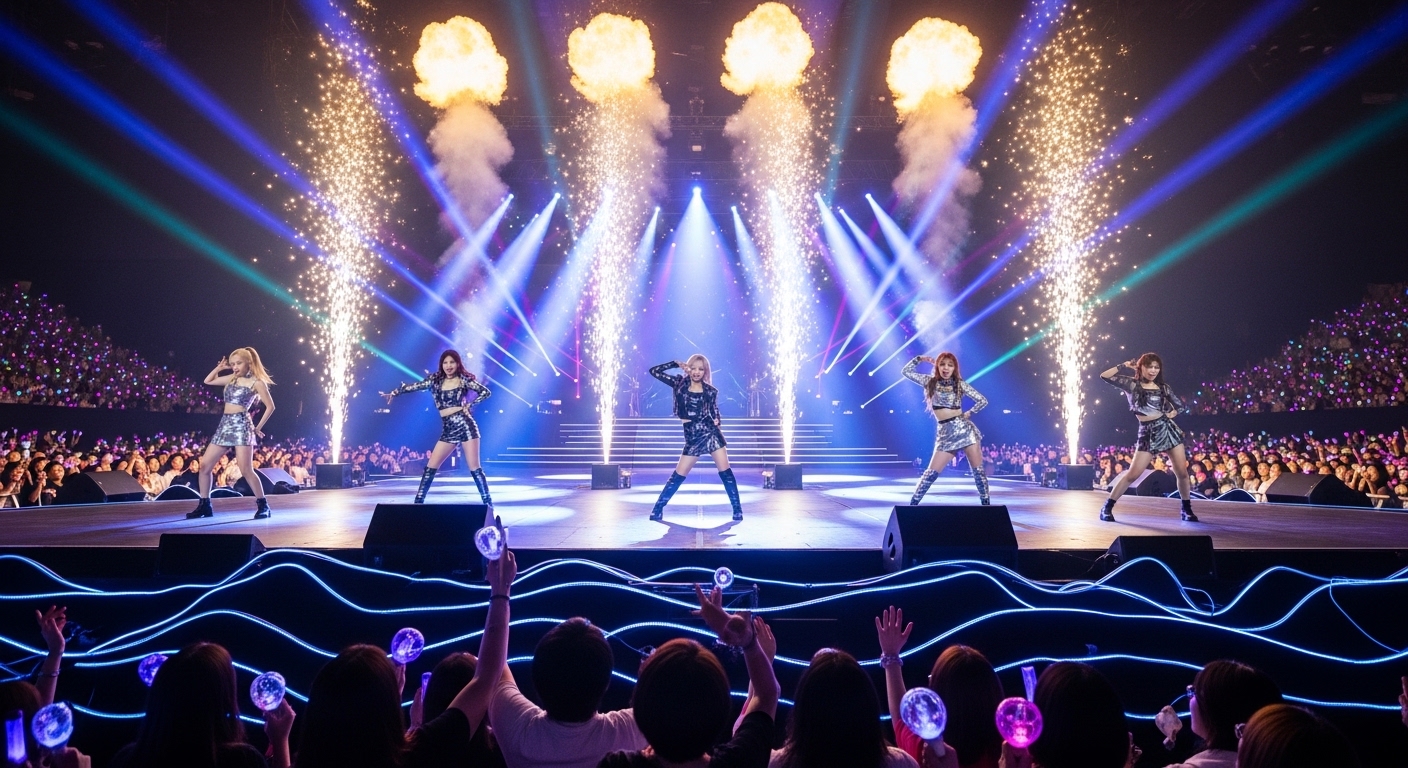 유명한 걸그룹이 히트곡을 공연하는 생생한 콘서트 장면