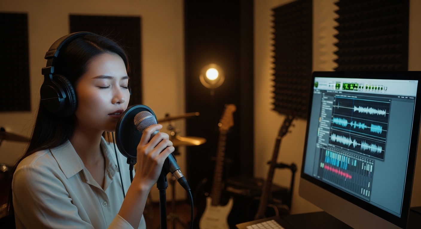 스튜디오에서 OST 녹음 중인 여성 가수의 창의적인 분위기