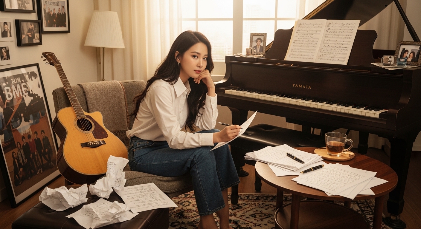 집에서 악기와 악보들 사이에 앉아 음악을 쓰는 솔로 아티스트의 모습