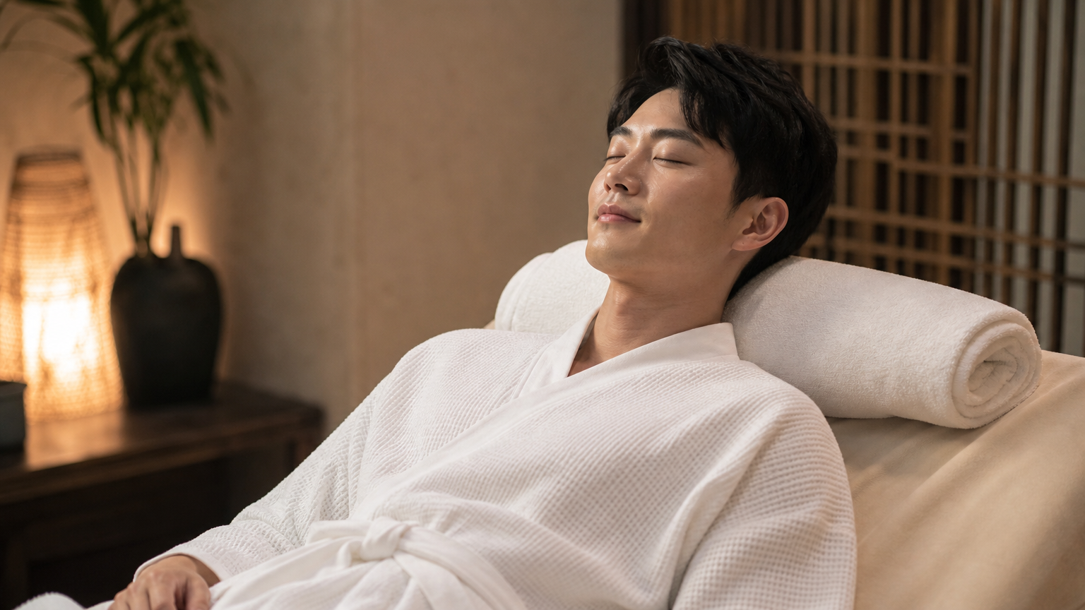 전신 마사지를 받은 후 깊은 숨을 쉬며 평온한 표정을 짓고 있는 한국 남성의 모습