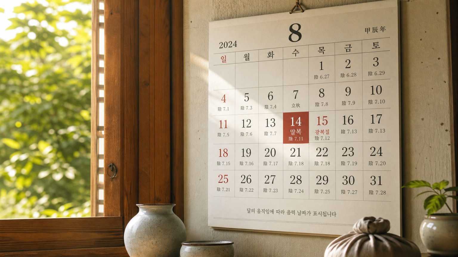 전통 달력에 표시된 말복 날짜와 창문으로 비치는 햇살