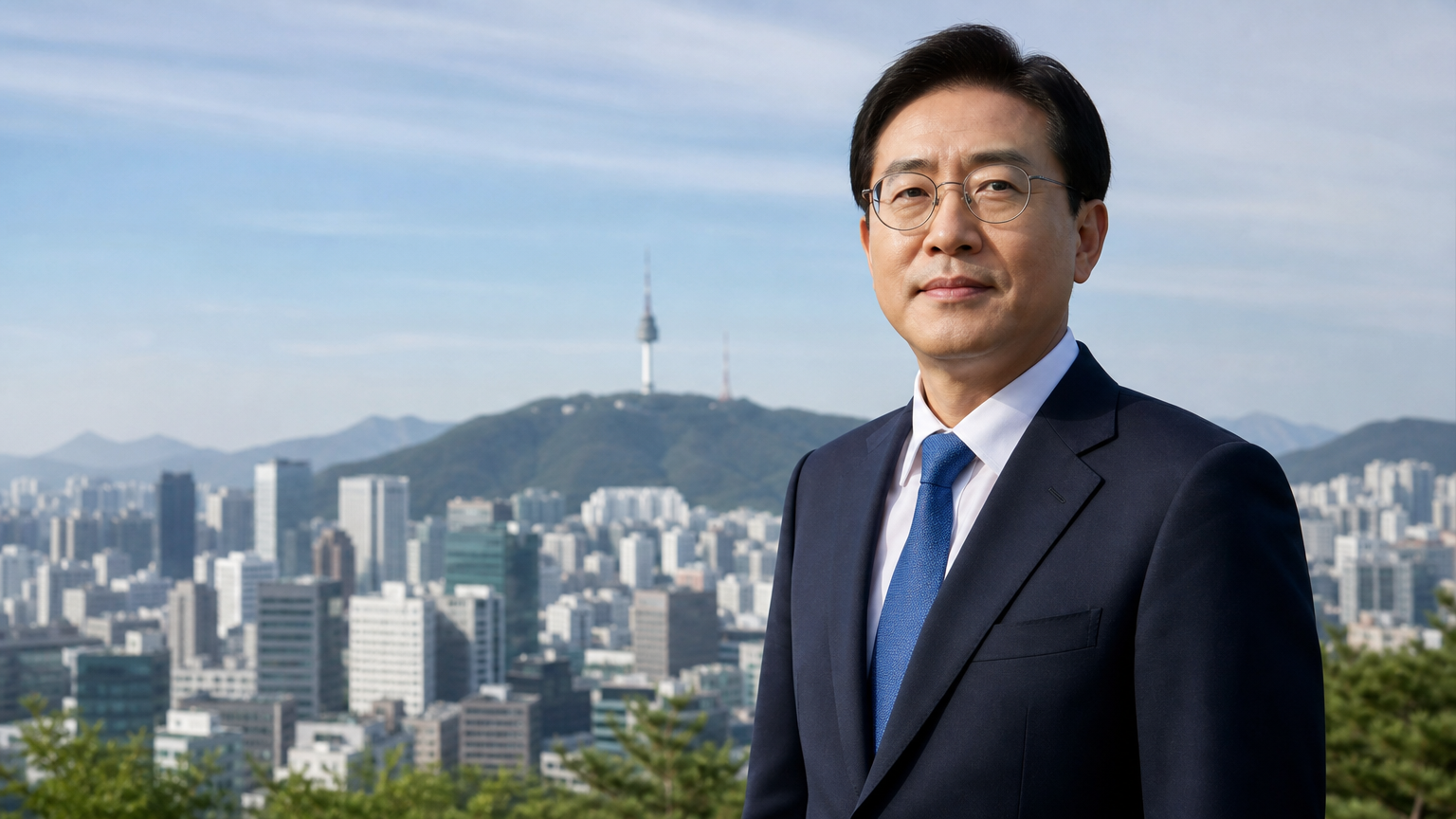 현대적 도시 배경 앞에 서 있는 정치인의 자신감 있는 모습