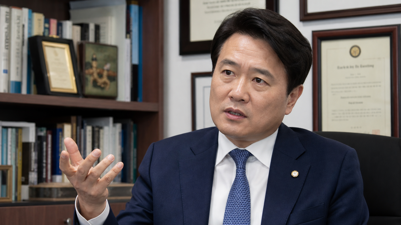 사무실 내 정장 차림의 정치인과 벽에 걸린 학위증서들