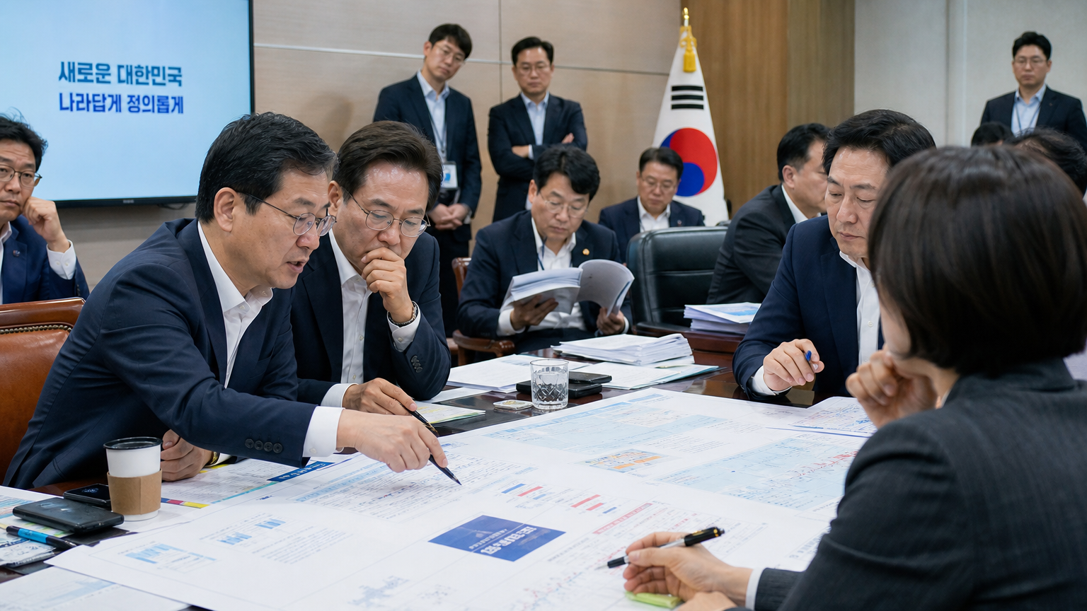 문서와 차트를 놓고 회의 중인 바쁜 정치 회의실 내부