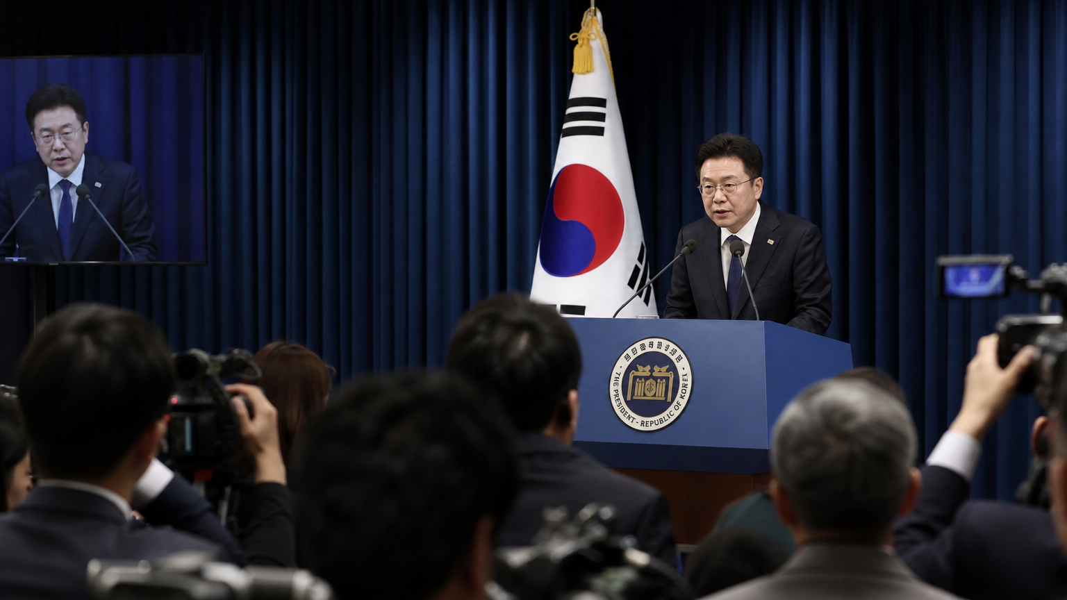 조명과 카메라 아래 연단에서 발언하는 긴장된 기자회견 장면