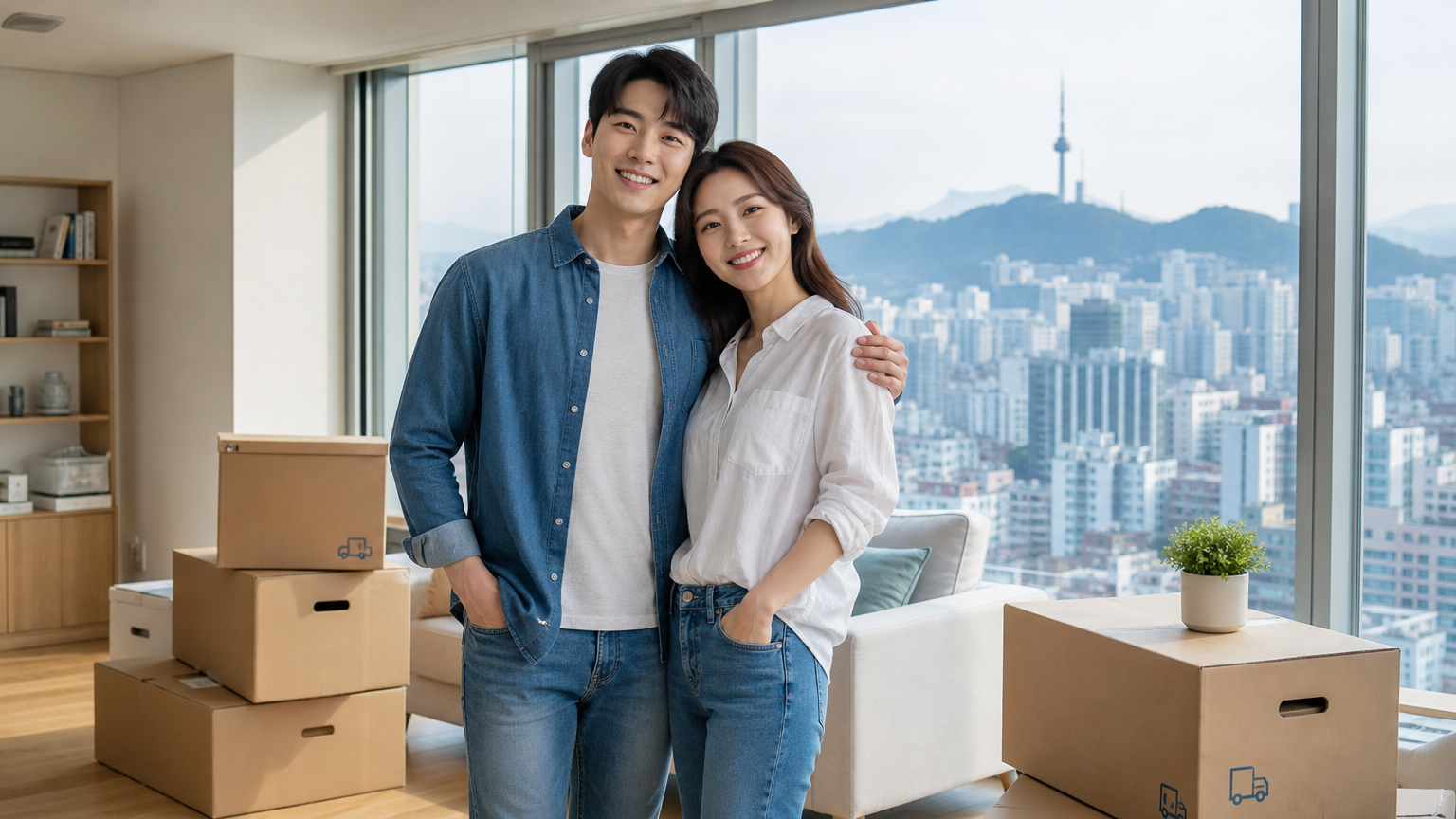 새 아파트 거실에서 서울 전경을 배경으로 서 있는 젊은 커플