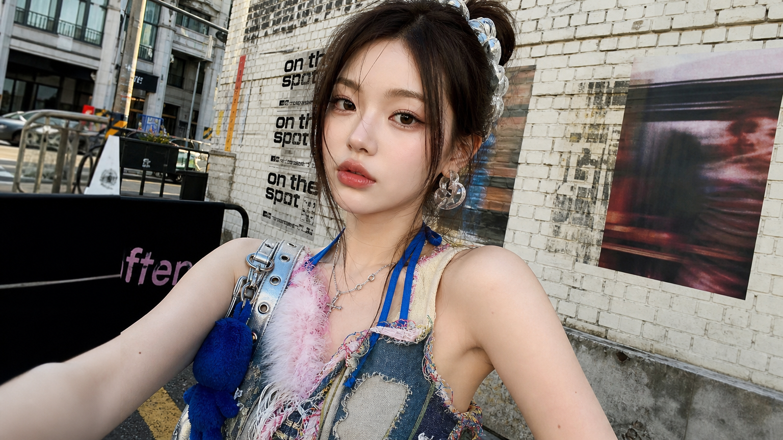 도시 배경 앞에서 독특한 패션과 화려한 액세서리를 착용한 현대 한국 인플루언서