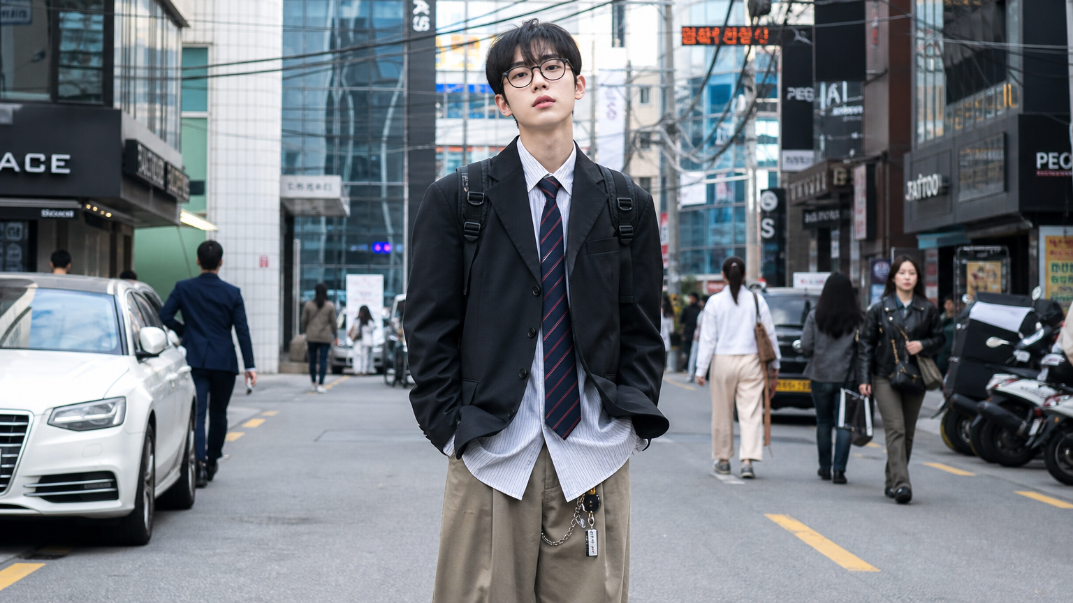 번잡한 도시 거리에서 너드코어 요소가 포함된 옷차림으로 당당하게 서 있는 세련된 한국인