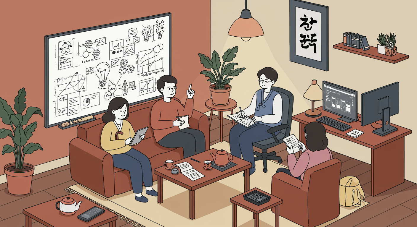 아늑한 사무실에서 다양한 산업 분야를 논의하는 소규모 스타트업 팀