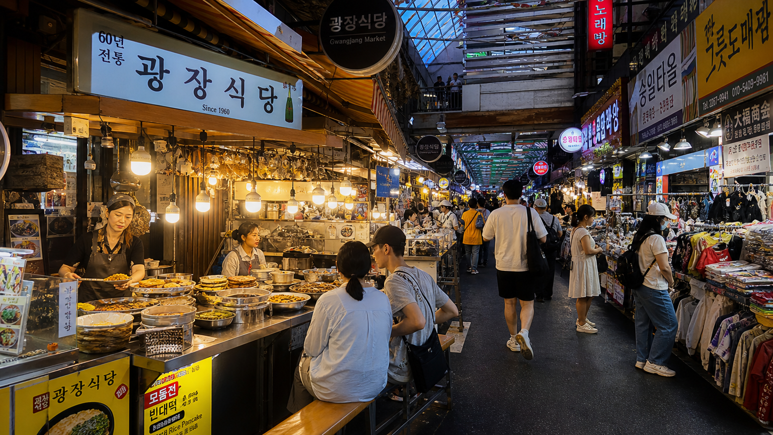 다양한 음식과 현대적 디자인이 조화를 이루는 활기찬 시장 풍경