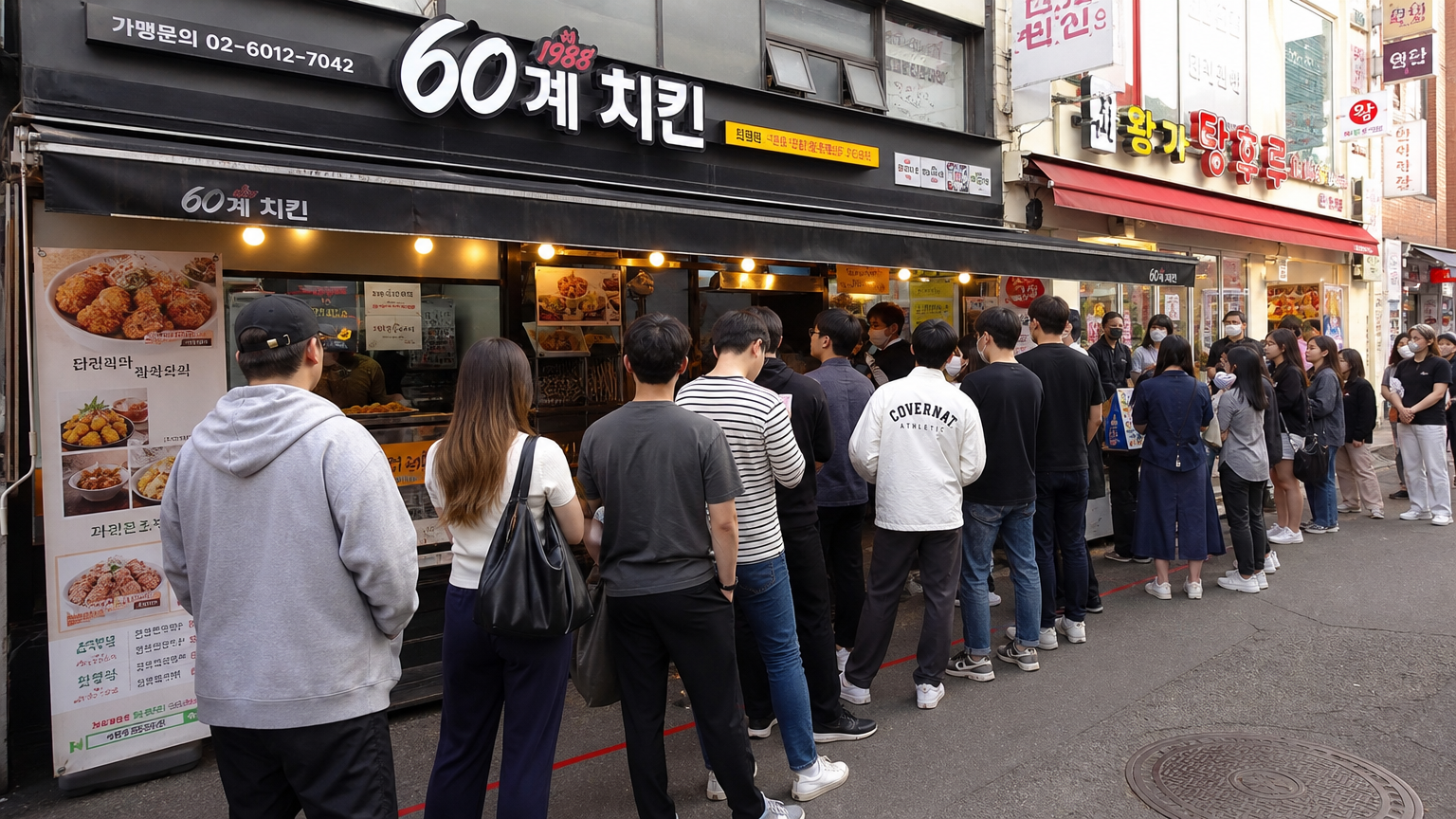 긴 줄로 대기하는 손님들로 붐비는 닭강정 가게 풍경
